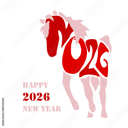 Holiday card Happy New Year 2026. Stylized image of a fire horse according to the Eastern Chinese calendar. Astrological New Year.	
