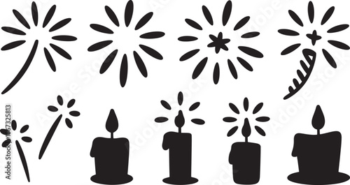 Celebration icons set including candles fireworks and stars silhouettes for party vector illustration