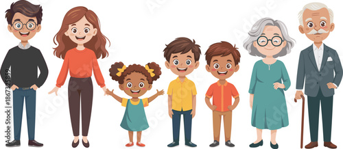 Happy Multi Generational Family Set with Parents Children and Grandparents Standing Together in Cartoon Style Isolated on Plain White Background Vector