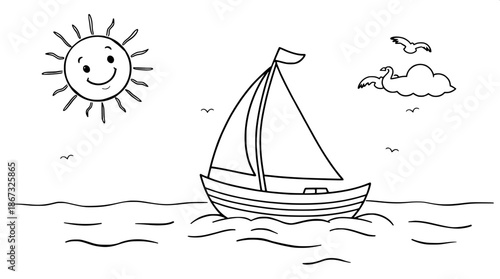 Cute kids coloring book line art of a small sailboat with a simple black outline and gentle curves, sailing on a calm sea with subtle wave patterns, set against a bright white background, featuring a 