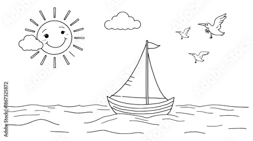 Cute kids coloring book line art of a small sailboat with a simple black outline and gentle curves, sailing on a calm sea with subtle wave patterns, set against a bright white background, featuring a 