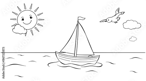 Cute kids coloring book line art of a small sailboat with a simple black outline and gentle curves, sailing on a calm sea with subtle wave patterns, set against a bright white background, featuring a 
