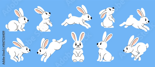 Easter bunnies in various poses set. Cartoon sitting, standing, jumping, and running rabbits for Easter and other designs. Flat vector illustration.