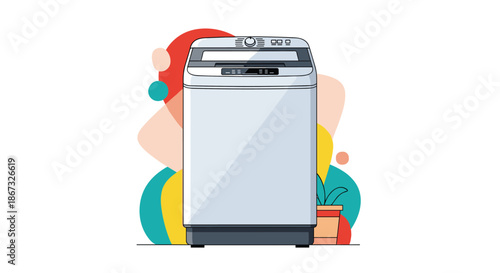 Modern vector illustration of a silver top-load washing machine standing in front of a colorful abstract background with a small potted plant on the floor.