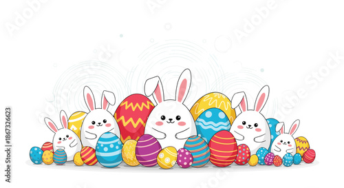 Adorable Easter scene with a group of cute cartoon bunnies peeking out from behind a large pile of brightly colored and decorated Easter eggs on a white background.