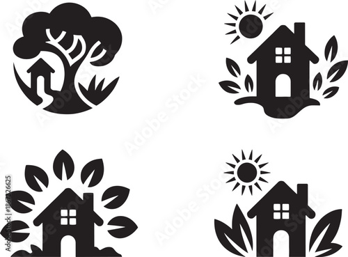 Environmental icons set featuring eco-houses and trees for sustainable development vector illustration