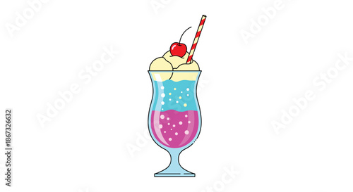 Retro pixel art illustration of a colorful layered soda float with whipped cream, a cherry on top, and a striped straw, presented in a tall glass.