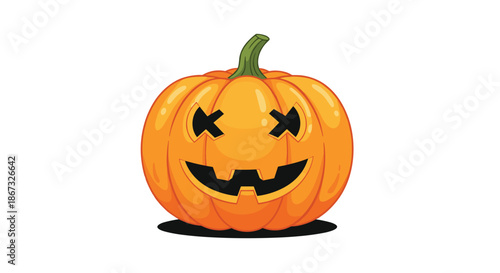 Spooky and cute Halloween jack-o'-lantern illustration, featuring a carved orange pumpkin with X-shaped eyes and a wide, toothy grin, isolated on white.