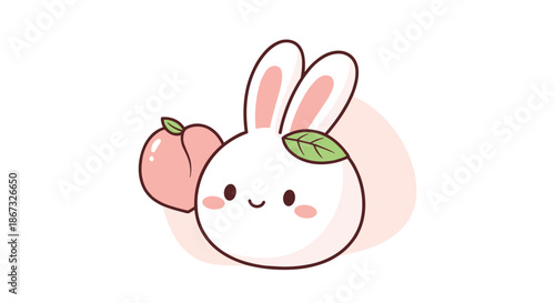 Adorable kawaii illustration of a cute, round white bunny with rosy cheeks, sitting next to a fresh pink peach, on a soft pink circular background.