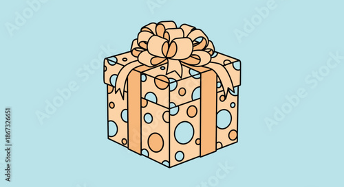 A cheerful cartoon illustration of a present wrapped in orange paper with blue polka dots, tied with a large ribbon and bow, set against a solid light blue background.