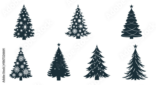A collection of eight decorated Christmas tree silhouettes, featuring various designs with stars, snowflakes, and garlands, perfect for festive holiday projects.