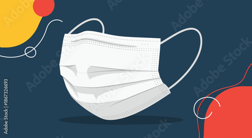 A stylized illustration of a white disposable medical face mask on a dark blue background with colorful abstract shapes, representing health and protection.