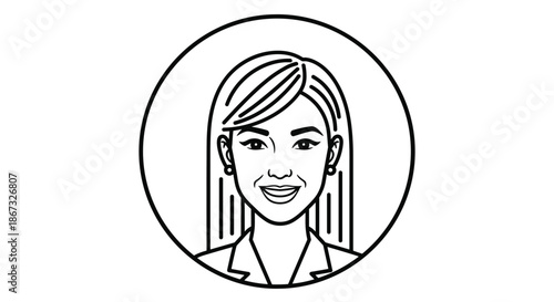 A clean and modern black and white line art portrait of a smiling woman with long hair, framed in a circle to be used as an avatar or profile icon.