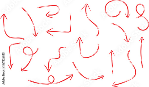 Collection of various hand drawn doodle icons and abstract red sketchy symbols for design elements.