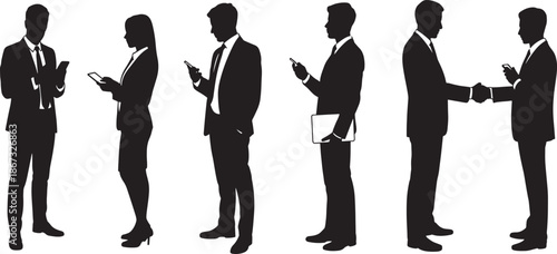 Business team shaking hands and discussing strategy silhouettes for corporate success vector illustration