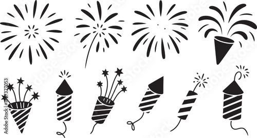 Celebration fireworks and party icons set for festival and event decoration vector illustration