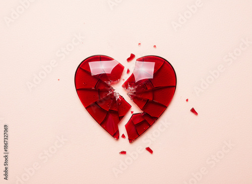 Closeup of broken heart shape in red glass isolated on pink background, symbolising heartbreak, love, grief, centre aligned