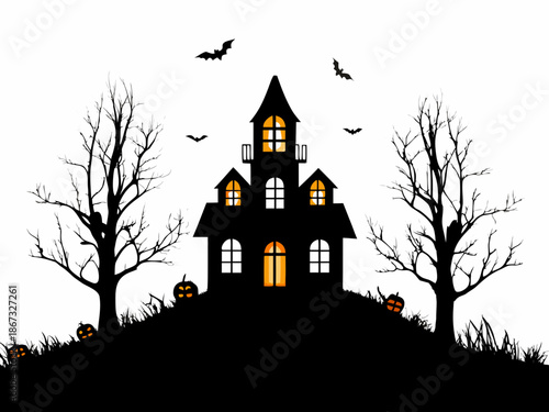 Spooky silhouette of a haunted house with bats and pumpkins on a hill