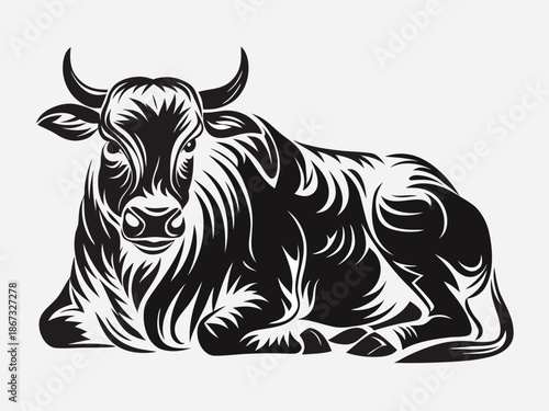 A detailed black and white illustration of a majestic resting bull