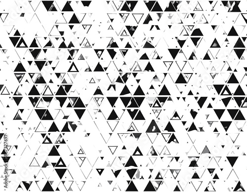 Abstract geometric pattern with overlapping and scattered black and white triangles in various sizes