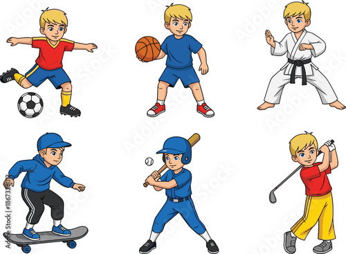 Cartoon boys playing sports, soccer, basketball, martial arts, skateboarding, baseball, golf, athletic kids, physical activity, colorful characters, fun illustration