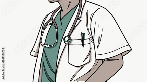 Close up illustration of a doctor wearing a white lab coat and stethoscope ready for medical examination and patient care in a professional healthcare setting
