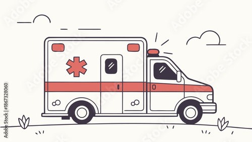 Stylized illustration of a white ambulance with red stripes and a star of life symbol on its side featuring flashing lights and clouds in the background
