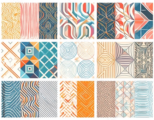 Abstract geometric patterns display varied shapes in warm orange, cool blue and white color combinations on a grid