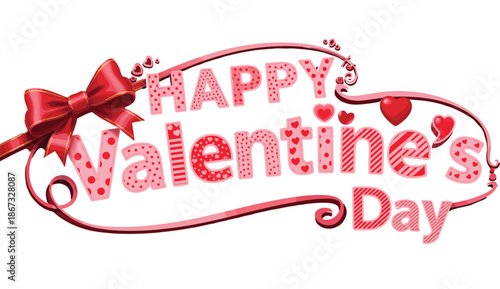Happy Valentine Day festive typographic vector illustration with pink patterned text red ribbon bow and heart ornaments for greeting card design