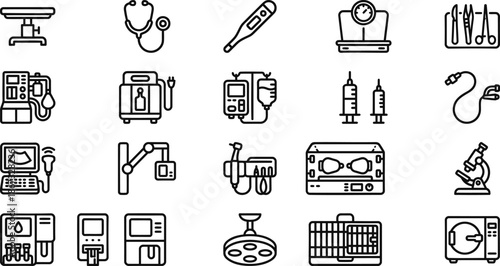 Hospital Medical Devices Line Icons Set, Healthcare Equipment Outline Symbols