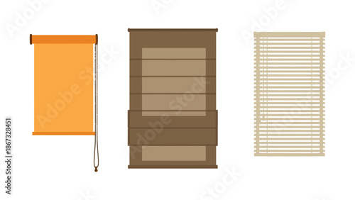 Three different window covering styles: roller blind, Roman shade, and venetian blinds, illustrating interior design options.