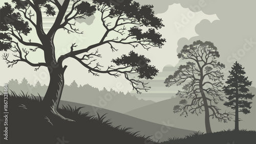Monochromatic landscape scene featuring silhouetted trees on rolling hills under a cloudy sky evoking a sense of tranquility and natural beauty