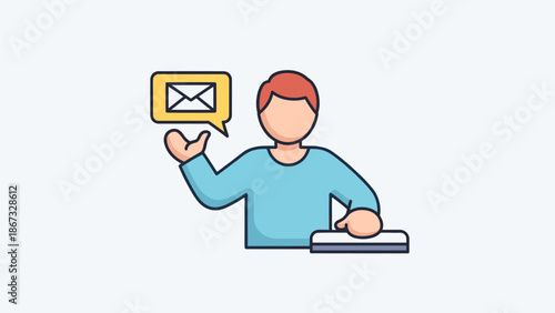 Man receiving an email notification while working on a document at his desk viewed from the front