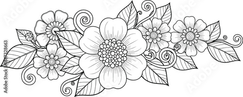 Floral line art, black and white, intricate petals, decorative leaves, symmetrical design, nature illustration, coloring page, botanical drawing, elegant vines