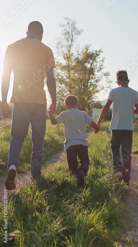 Rear view of an African American father and his three boys walking together holding hands along a meadow path