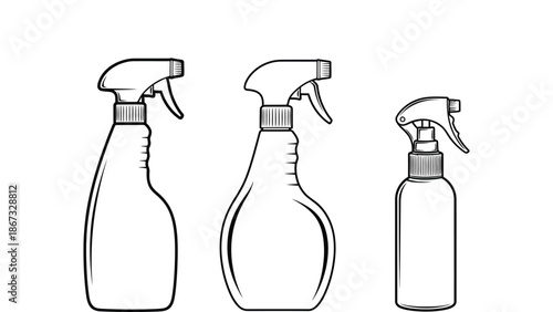 A set of three different spray bottles in a line on a white background