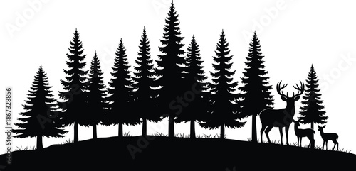 Forest silhouette, deer family, pine trees, wildlife scene, black design, nature illustration, stag, doe, fawn, woodland art, peaceful landscape