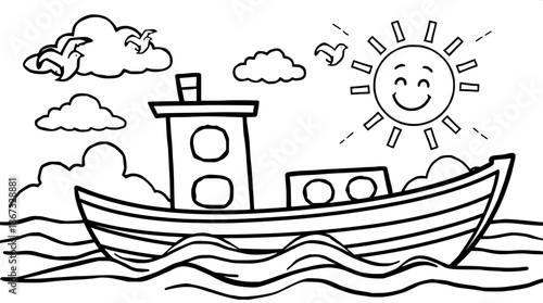 Cartoon style boat scene with bold black outline, kid-friendly vibrant coloring, bright yellow sun with a smiling face, gentle calm sea waves, fluffy white clouds, and playful birds flying in the clea