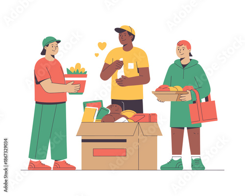 Diverse volunteers happily packing donations for community support and charity.