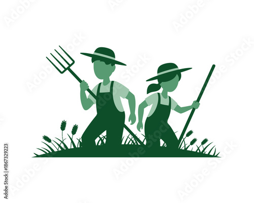 Two farmers in overalls and hats stand ready with pitchfork and rake in a grassy field.
