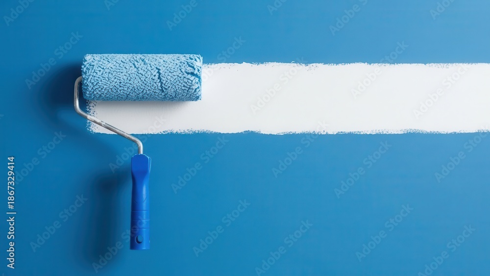 Obraz premium Paint roller applying a horizontal white stripe on a solid blue wall background