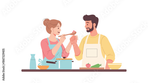 Man and Woman Cooking Together in Kitchen.