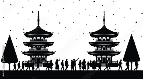 Japanese pagoda silhouette, cultural architecture, public gathering, black and white, traditional design, trees, people, heritage art, scenic view