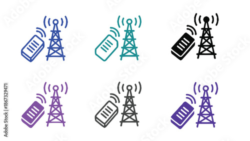 A colorful illustration of mobile phone signal towers transmitting data in various vibrant colors