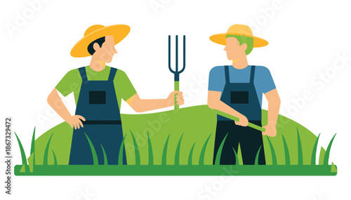 Two farmers in straw hats and overalls working together in a lush green field.