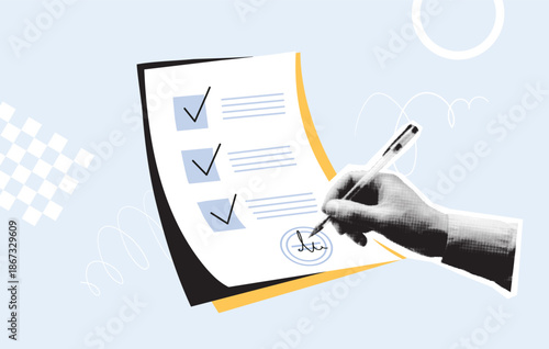 Business agreement and document design concept. Person s hand signing a contract with a pen. Modern vector collage in halftone isolated on blue background.