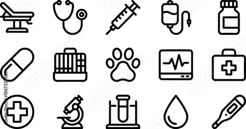 Veterinary Medical Care Line Icons Set, Pet Health and Animal Clinic Outline Symbols