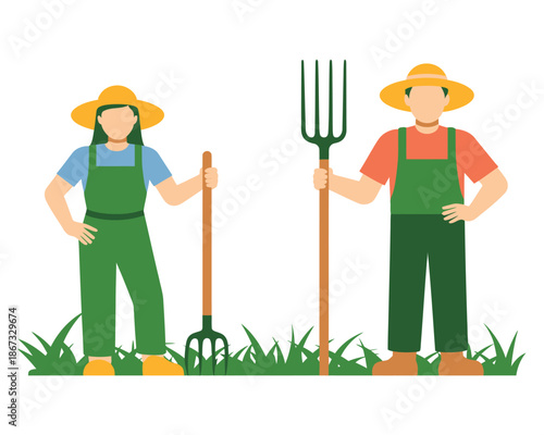 Two farmers in overalls and straw hats stand in a grassy field, holding pitchforks.