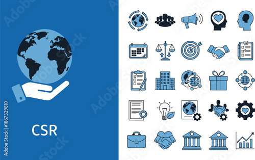 Corporate social responsibility icons, CSR concept with globe and hand, ethical business symbols, sustainability and teamwork visuals - flat vector illustration