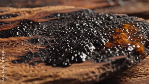 Glassy Black Resin Dripping on Textured Wooden Surface with Warm Ambient Lighting